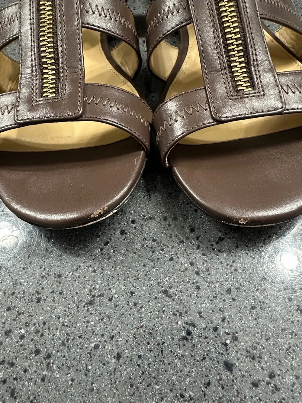 MICHAEL KORS Brown Leather Zip-Front Slingback Sandals